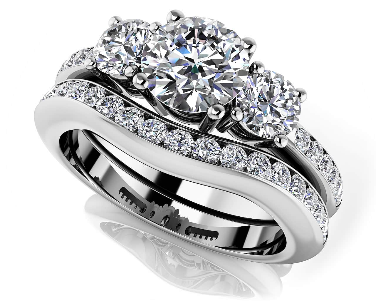 Romantic Dreams Three Stone Bridal Set In White Yellow Gold Or Platinum