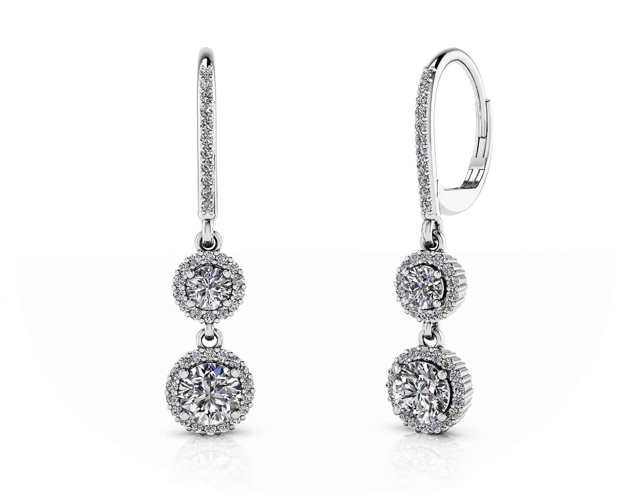 Stylish Graduated Diamond Halo Drop Earrings In 14K 18K White Yellow Or ...