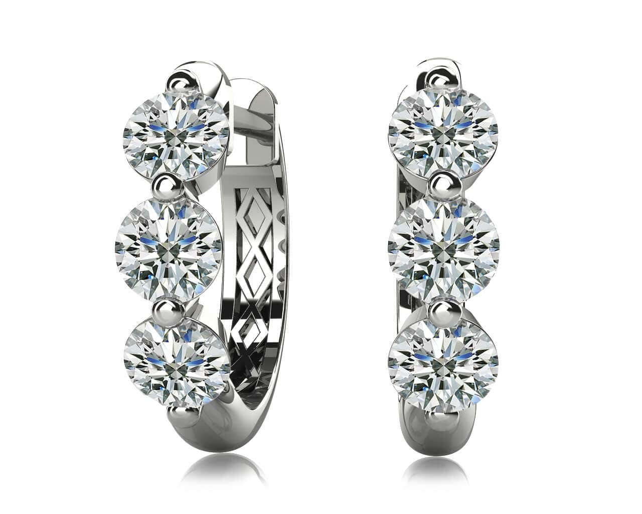 Three Stone Diamond Hoop Earrings In Platinum Or Gold