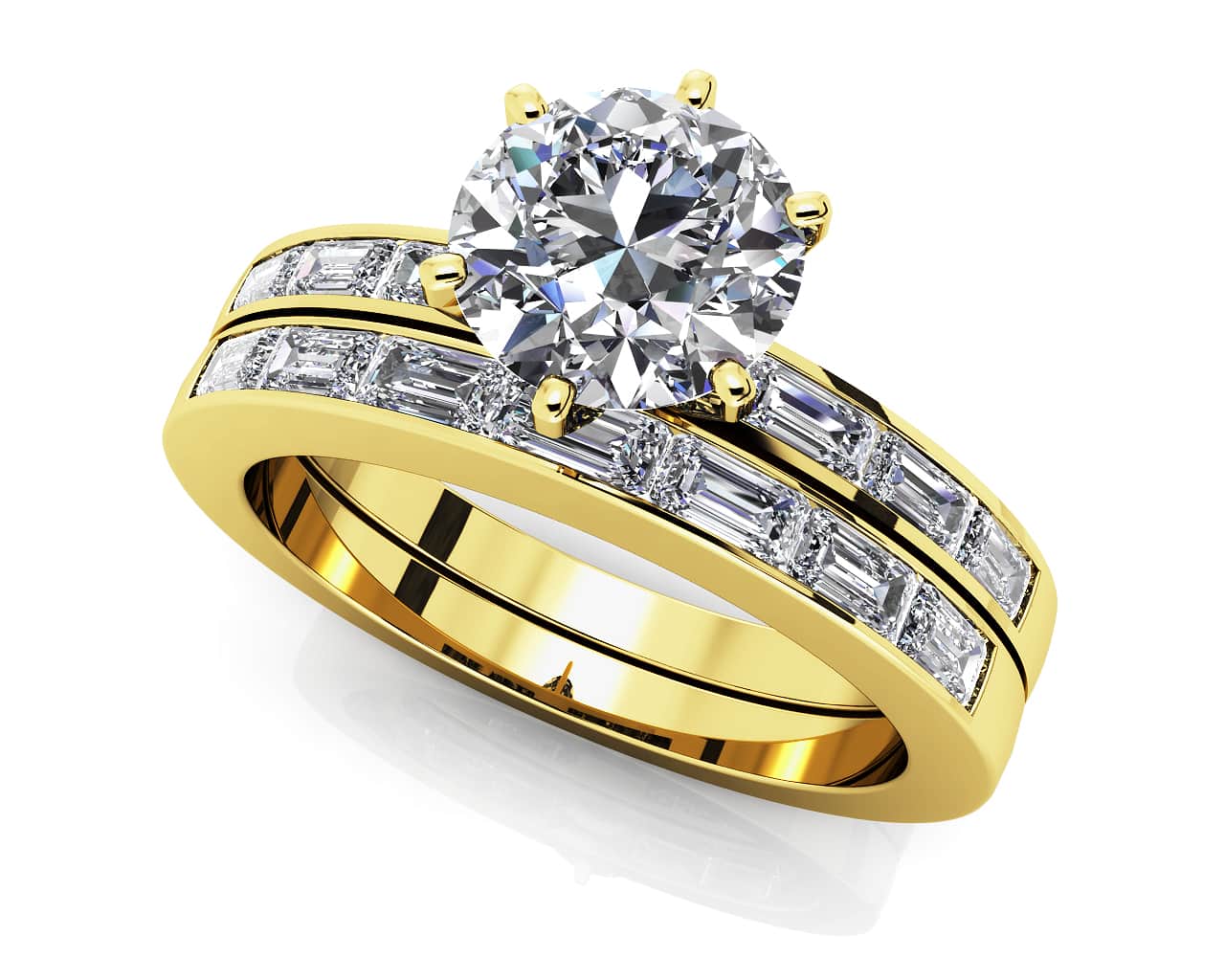 14K yellow gold bridal set with 0.25 ct marquis cut diamond  6-Prong Round & Baguette 1.25CT Wedding Ring Set in 14K Yellow Gold main image 1