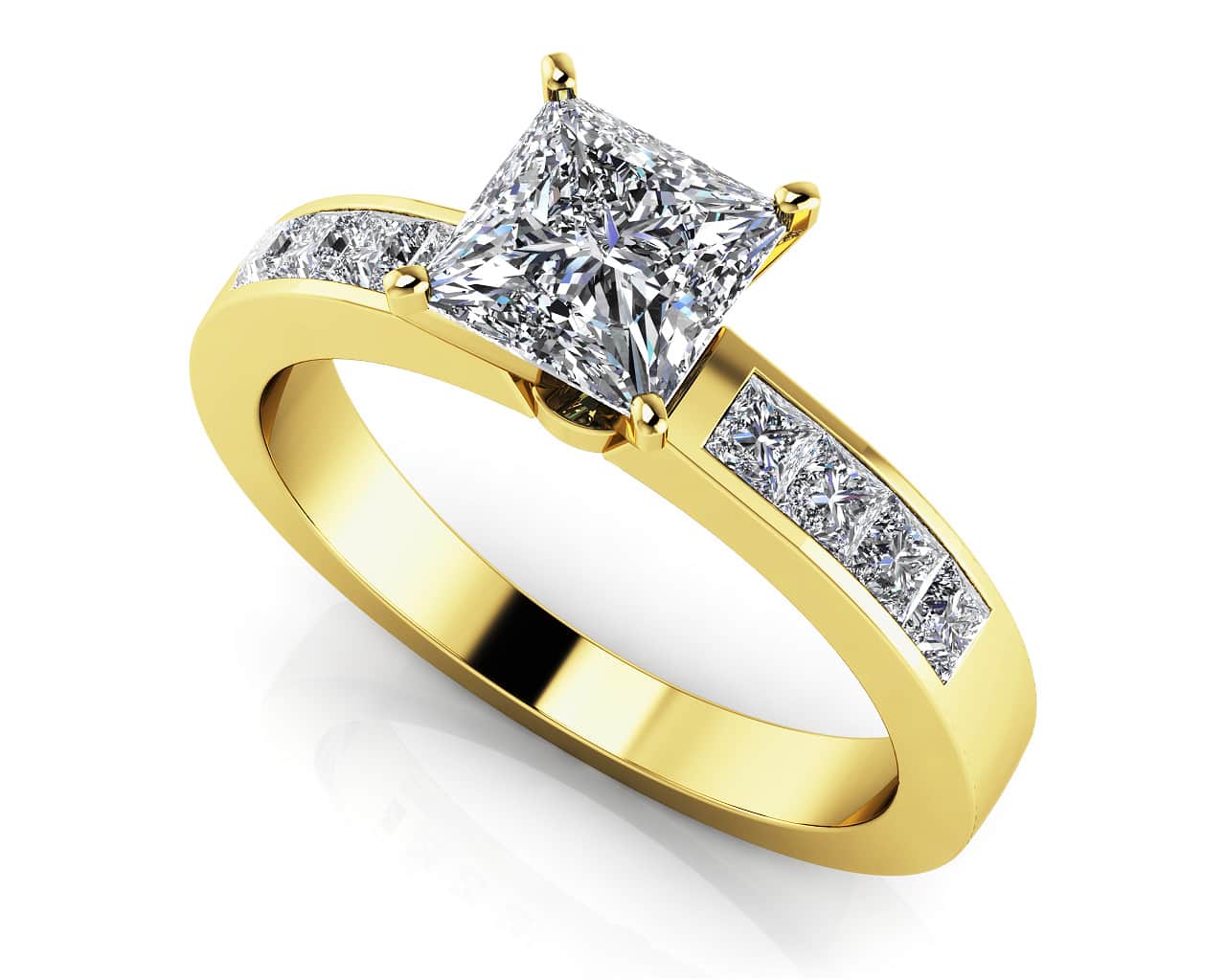 Channel Set Princess Cut Diamond Engagement Ring In Yellow White Gold Or Platinum