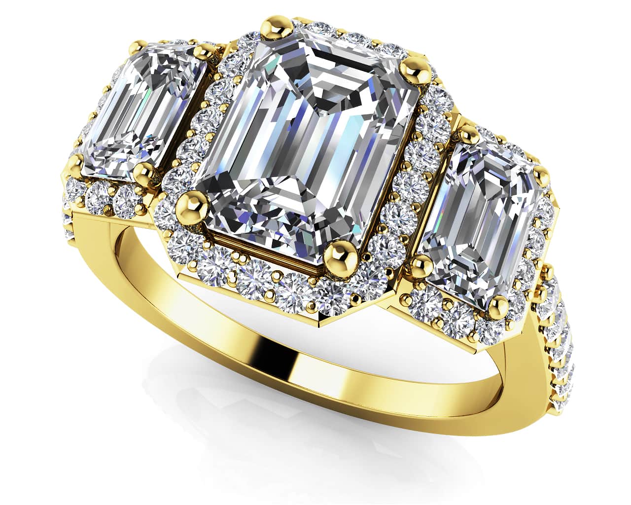 Sparkling Three Stone Emerald Cut Engagement Ring In Platinum Or Gold