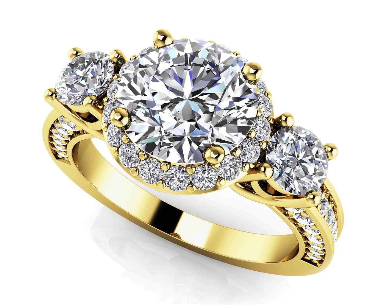 Exquisite Three Stone Diamond Halo Engagement Ring