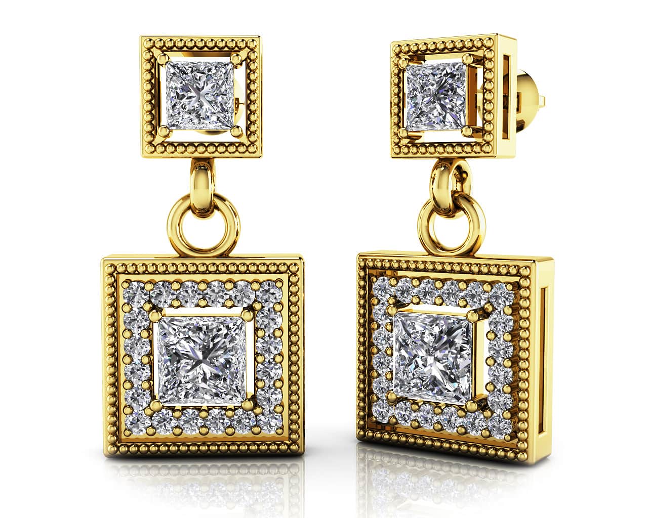 Diamond Square Drop Earrings In 14K 18K Yellow White Or Rose Gold