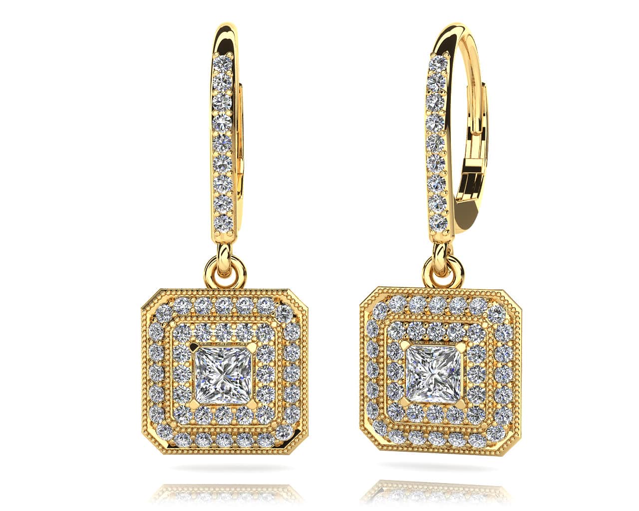 Square Shaped Princess And Round Diamond Earrings In Gold Or Platinum
