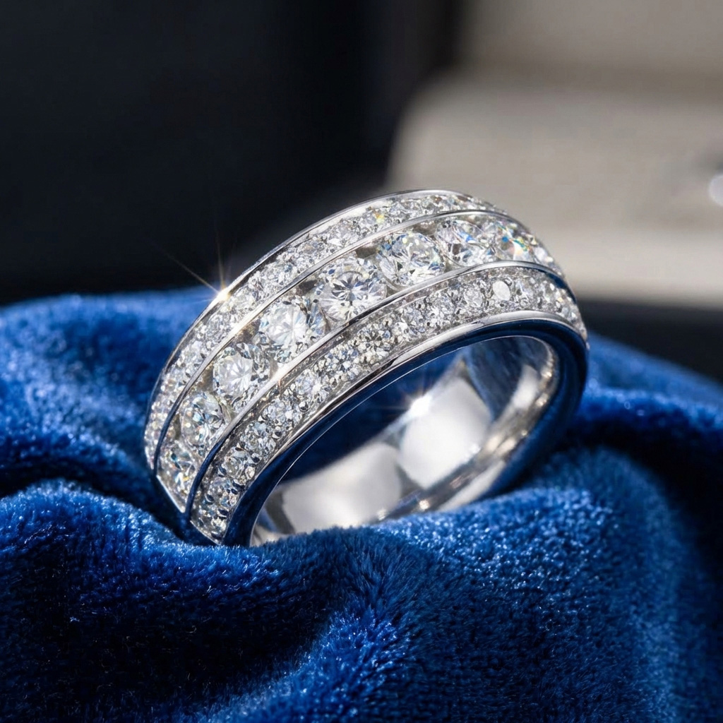 Three Row Channel And Prong Set Ring In 14K 18K Yellow White Or